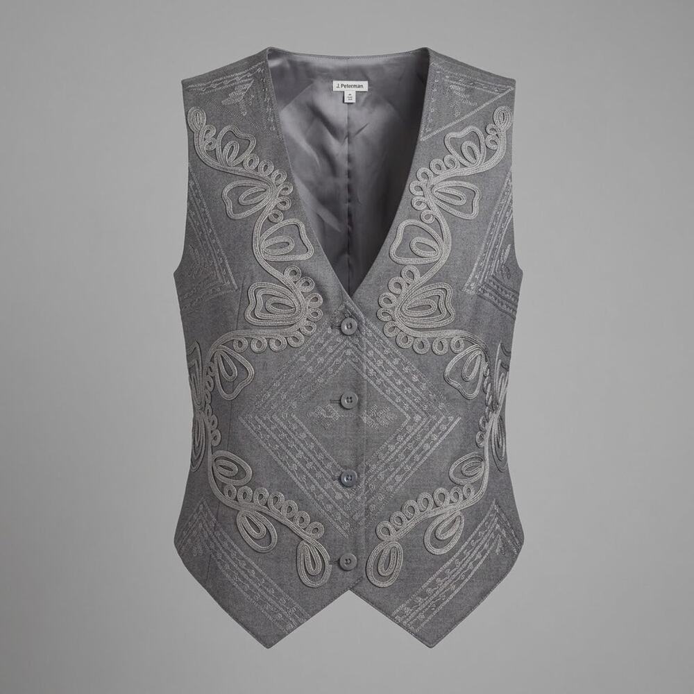 J Peterman Embroidered Wool Vest Womens 12 Grey Italian Fabric Botto Giuseppe